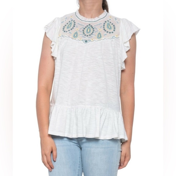 Lucky Brand Tops - Lucky Brand Women's Embroidered Yoke Ruffled Short Sleeve Shirt Size S Rn#80318